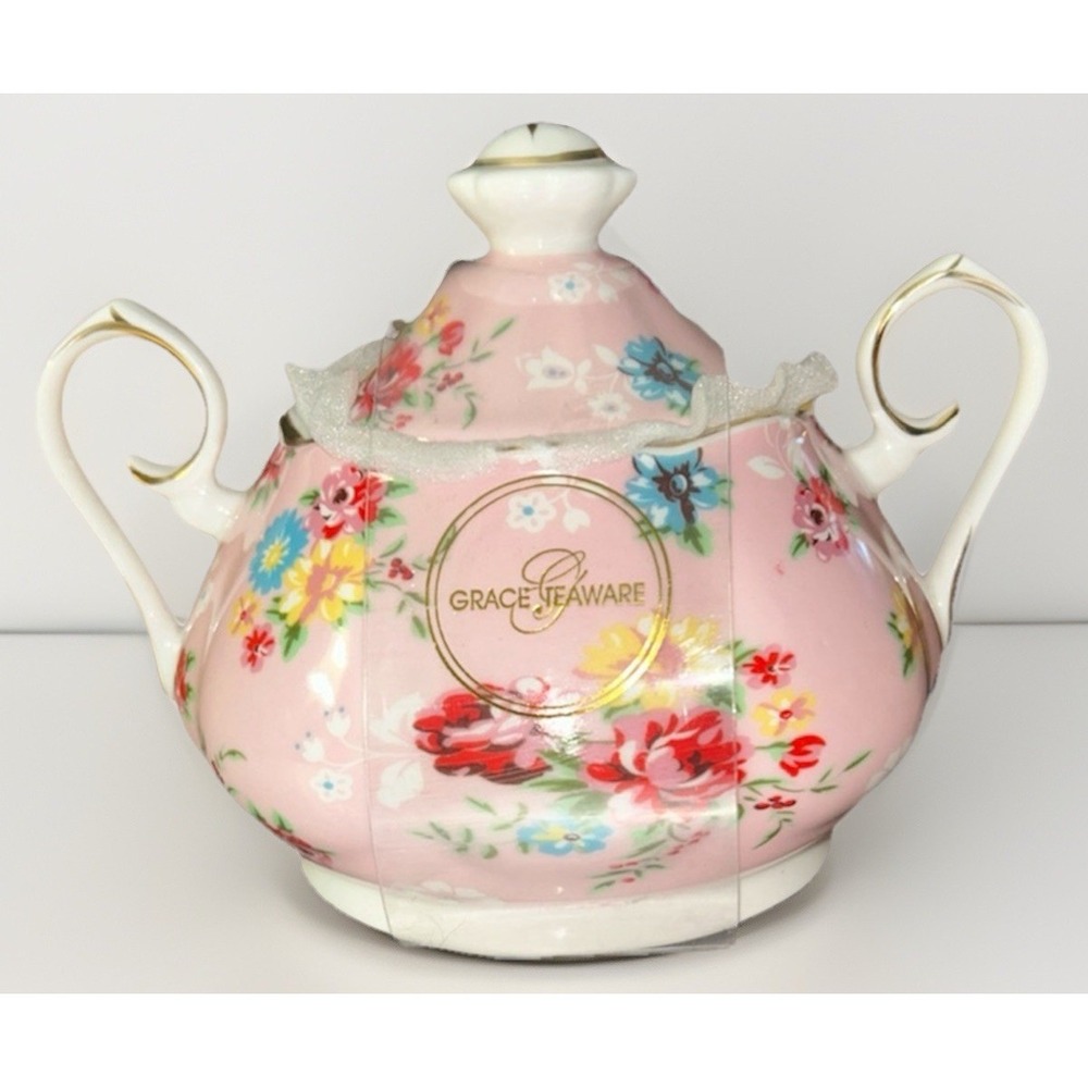 Grace Teaware Porcelain Creamer & Sugar Bowl Pink Rose Border Gold Trim New - Picture 2 of 6